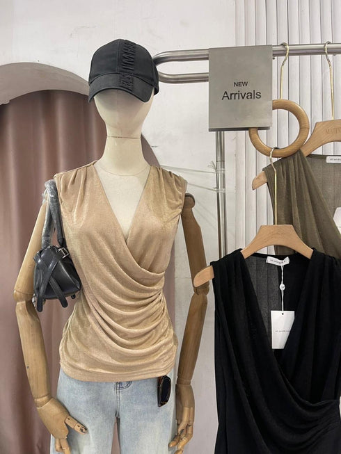 Sleeveless Wrap Design Ruched Tops